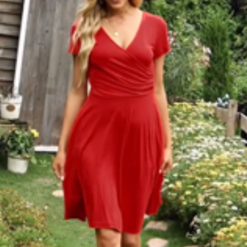 NWT Oxiuly Fashion V-Neck Midi A-Line Red Dress with Pockets Sz L